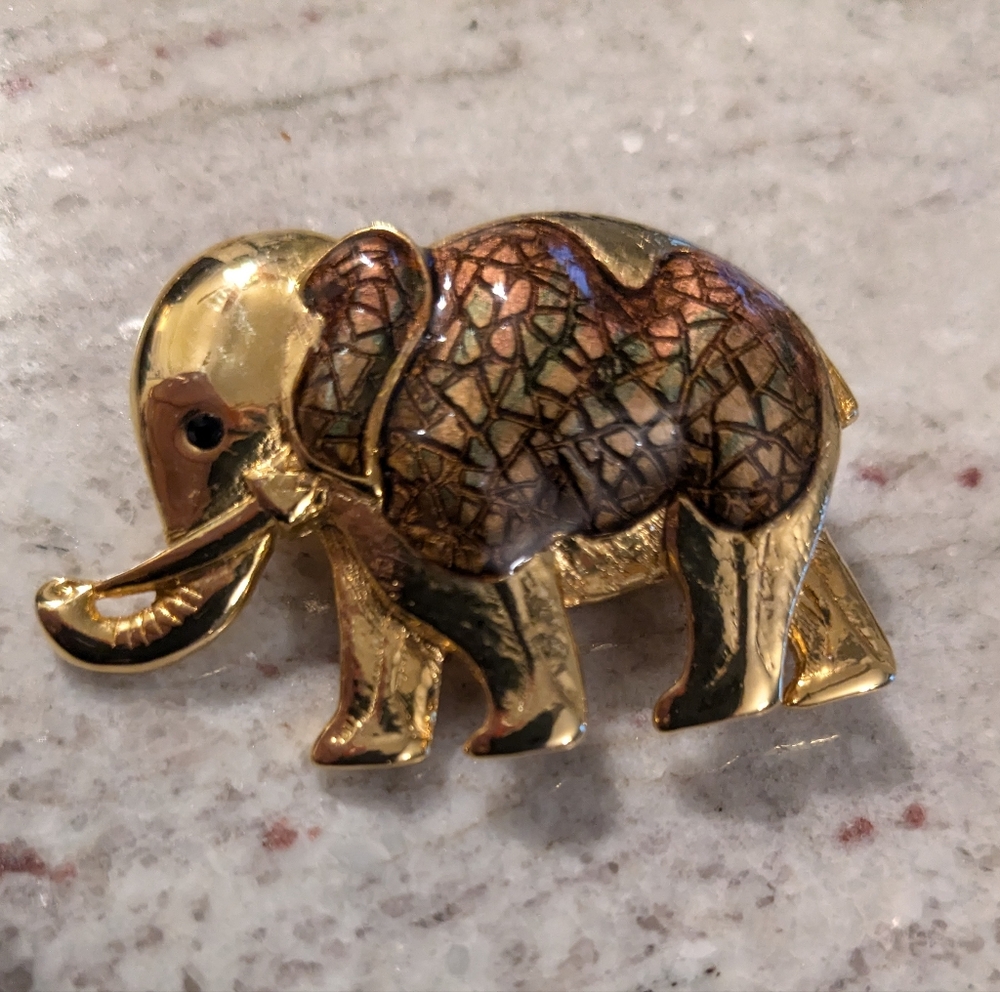 Vintage Elephant Brooch Signed SJ Supreme Jewelry Gold Tone Metal Brown Enamel